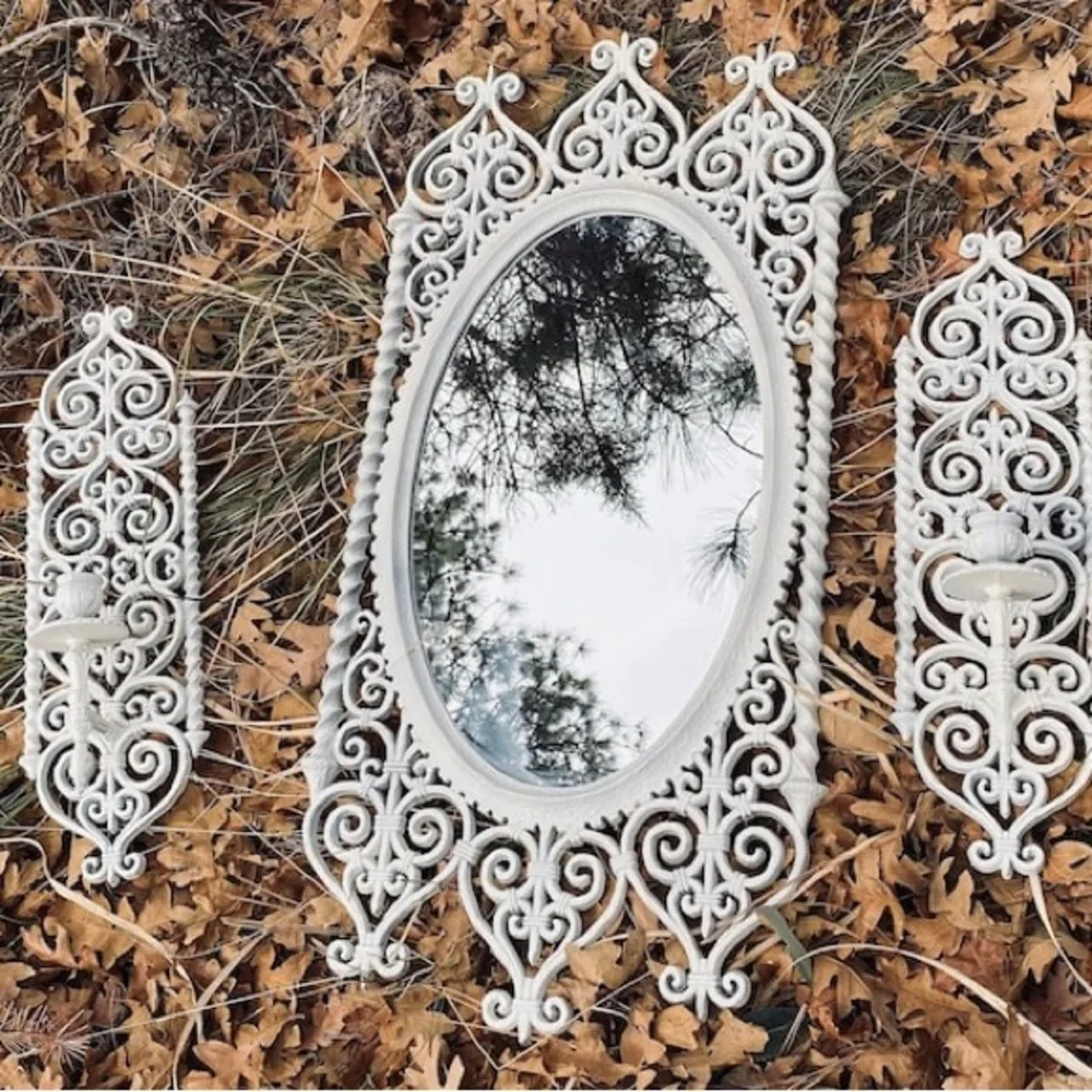 Vintage White Syrocco Mirror and Candle Set